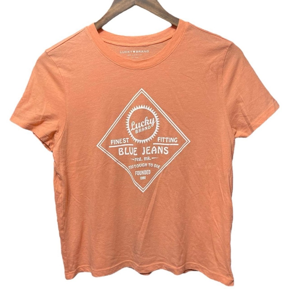 lucky brand jeans front graphic short sleeve crewneck casual orange white shirt